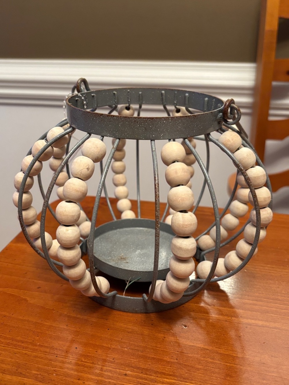 Hobby Lobby Gray Metal Candle Holder with Natural Wood Beads Sphere